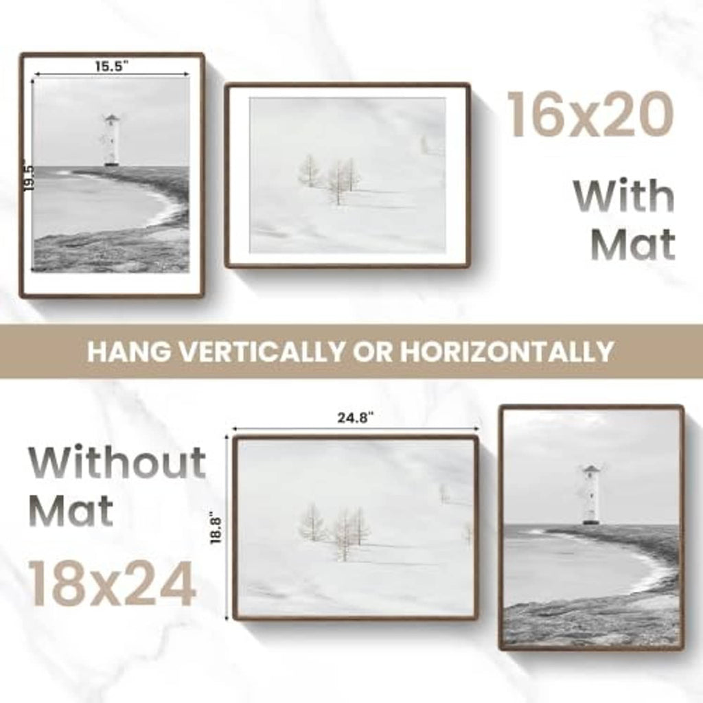 Walnut-tone picture frame layout showing vertical or horizontal hanging options