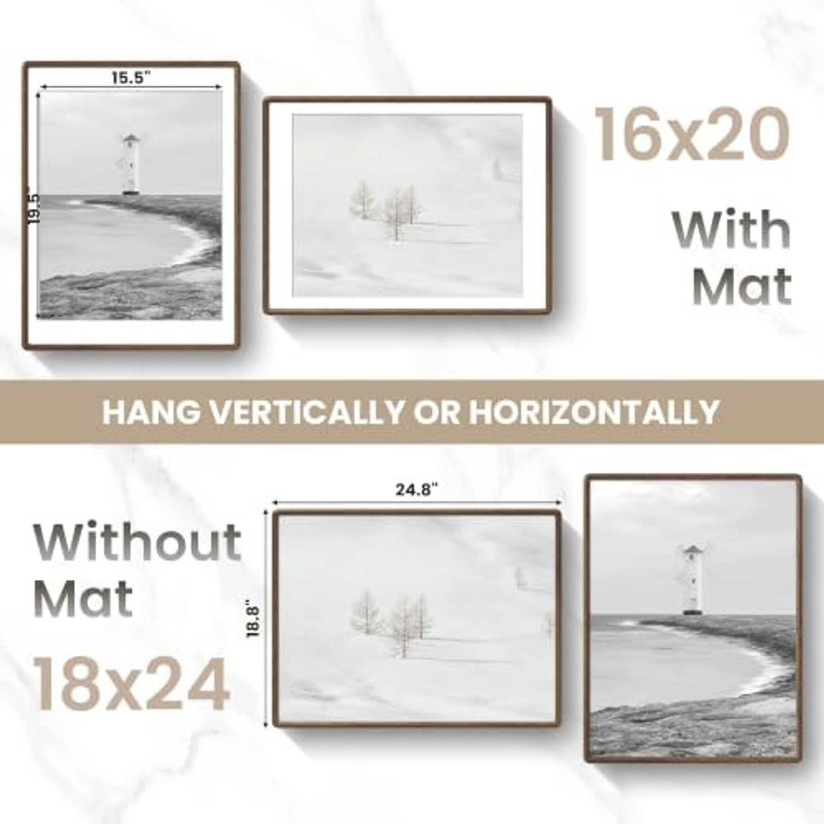 Walnut-tone picture frame layout showing vertical or horizontal hanging options