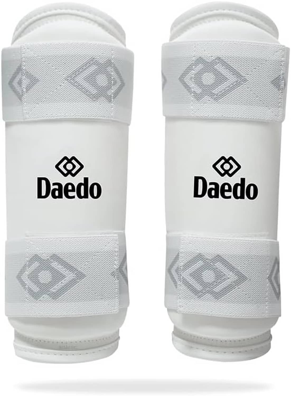 White Taekwondo forearm guard wraps with Daedo logo and padded wrist opening