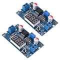 Two blue LM2596 DC-DC buck converter boards with 7-segment LED voltage displays