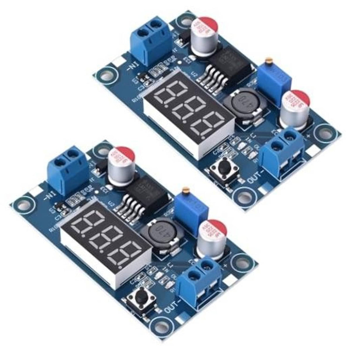 Two blue LM2596 DC-DC buck converter boards with 7-segment LED voltage displays