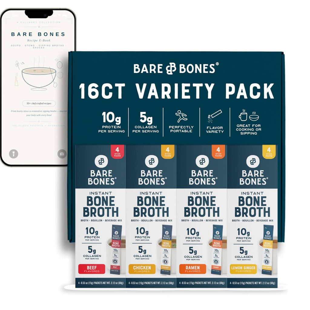 Instant bone broth powder variety pack with 16 packets of assorted flavors
