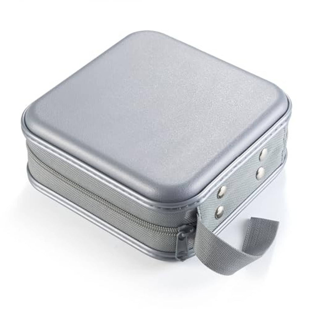 Gray hard plastic DVD case top view with zipper edge and carrying strap