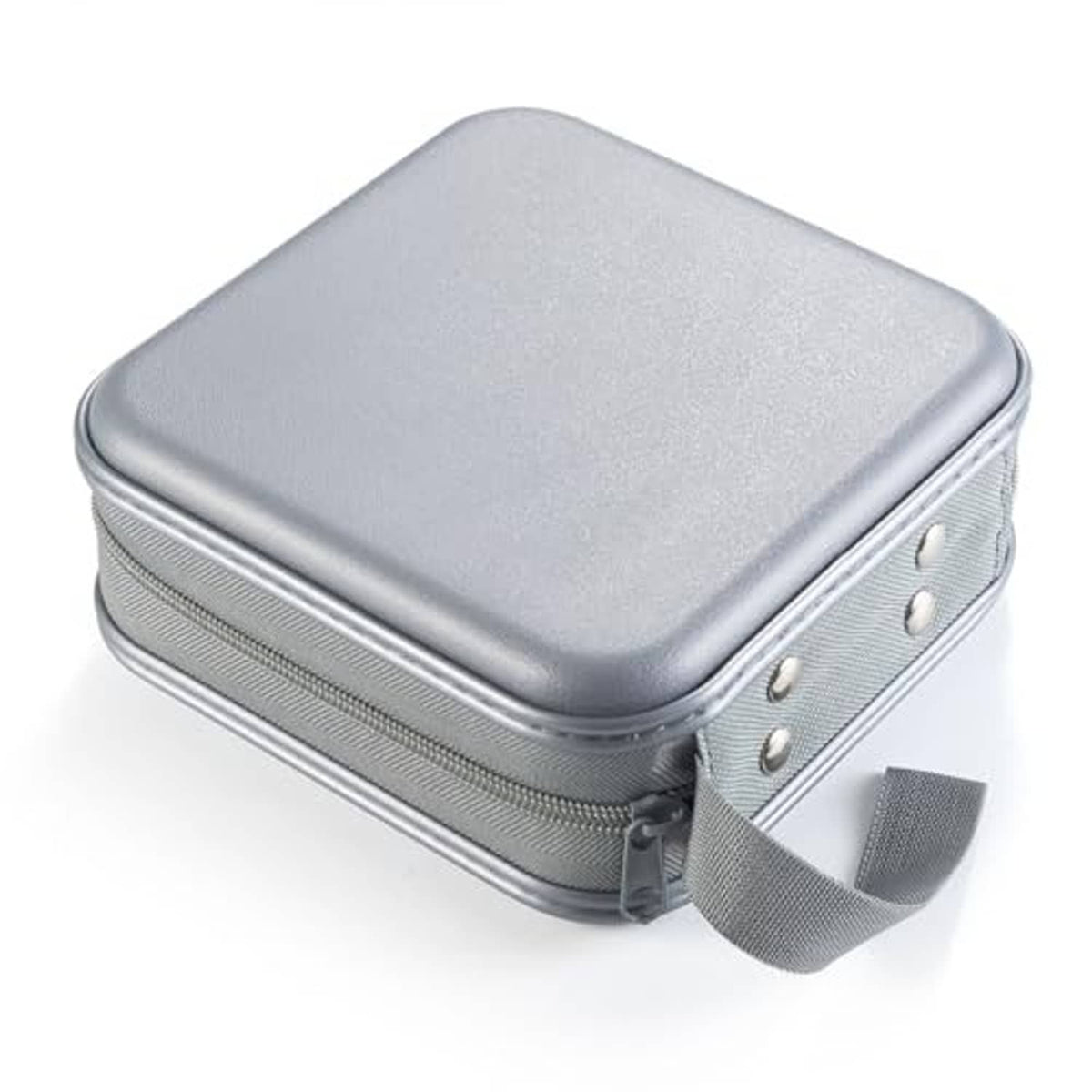 Gray hard plastic DVD case top view with zipper edge and carrying strap