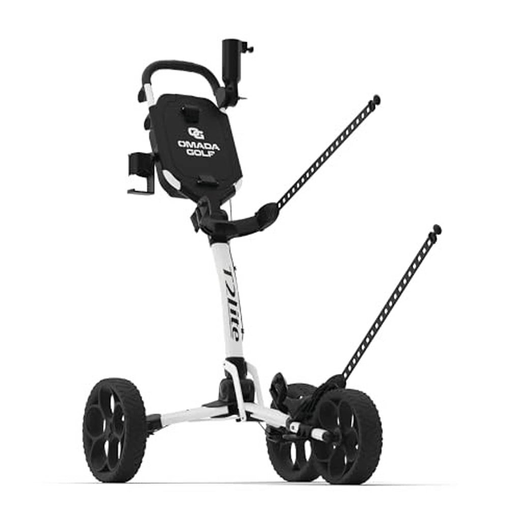 Black and white folding golf push cart with push handle and two front wheel arms