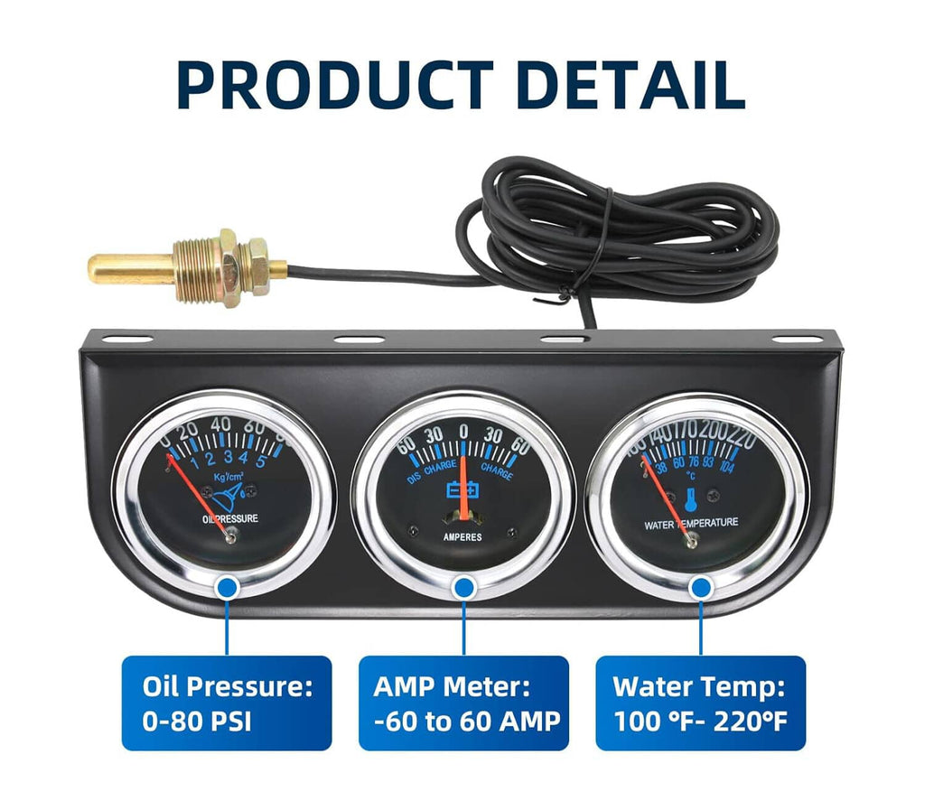 Three round car gauges in black panel with bundled wires and blue backlit indicators