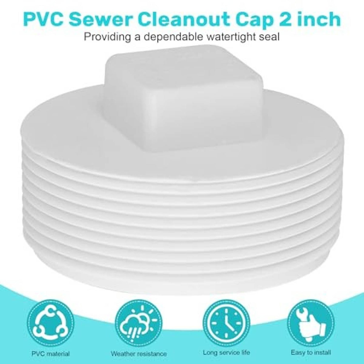 White PVC sewer cleanout cap with square top and ribbed threaded sides