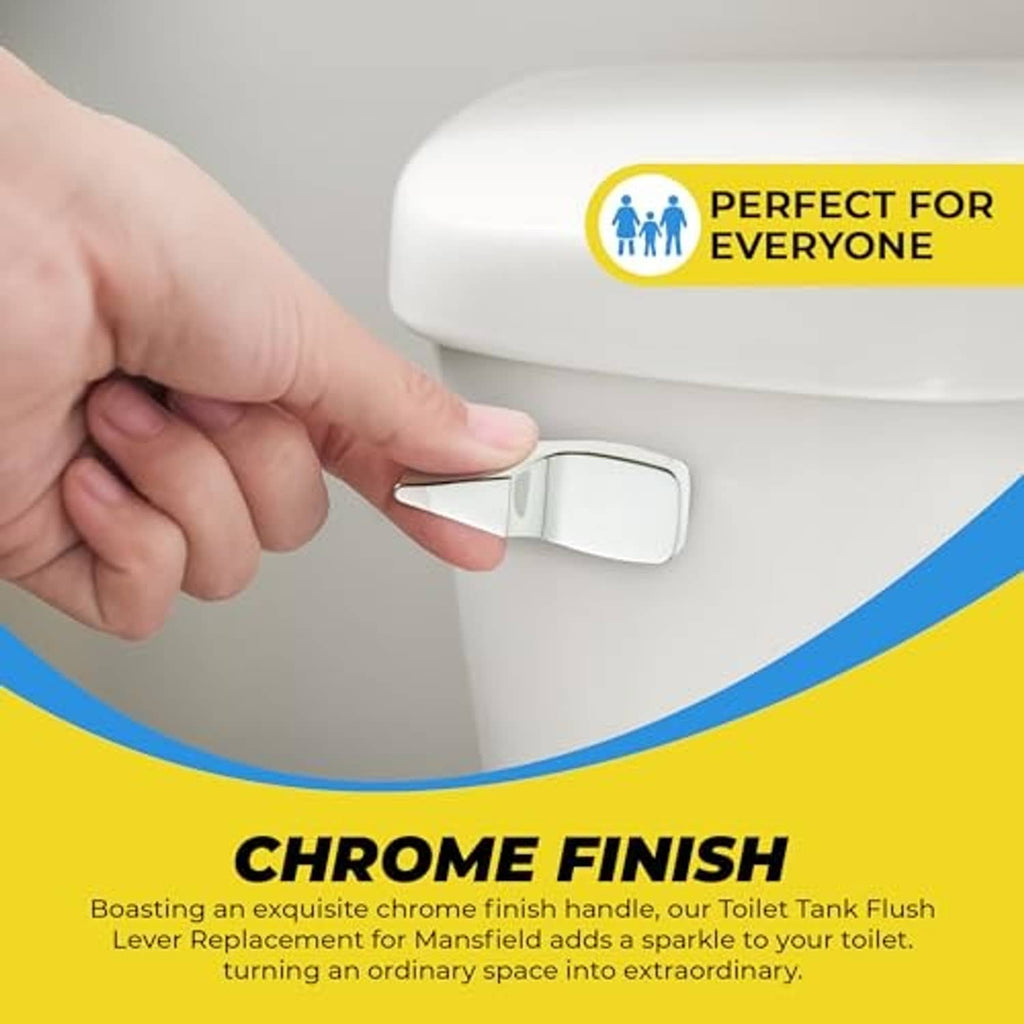 Chrome flush lever being pressed by a hand on a white toilet tank