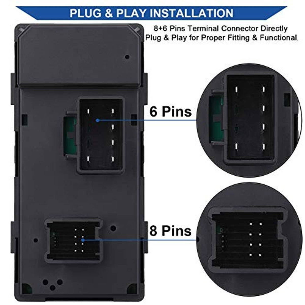Black switch module with multi-pin connector ports and side wiring terminals