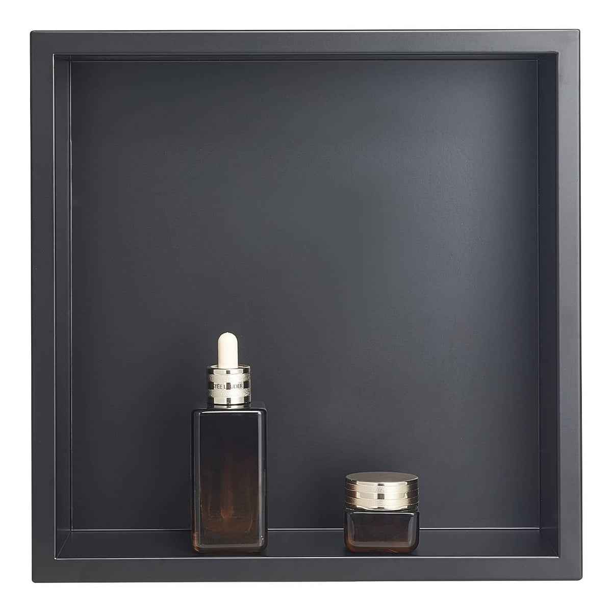 Black recessed shower niche shelf, stainless steel frame with open interior