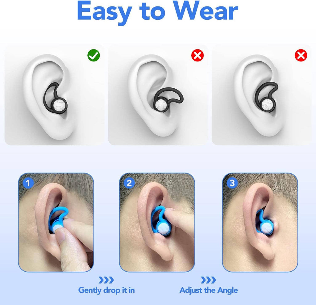 Waterproof silicone ear plugs shown in three fit steps for comfortable wear