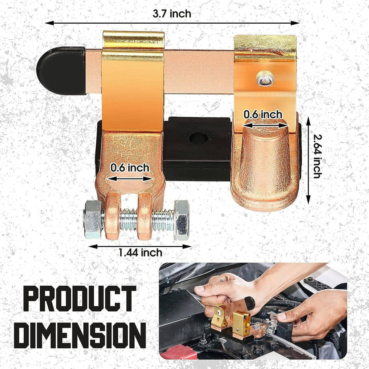 Battery disconnect knife switch with copper post, black base, and mounting dimensions