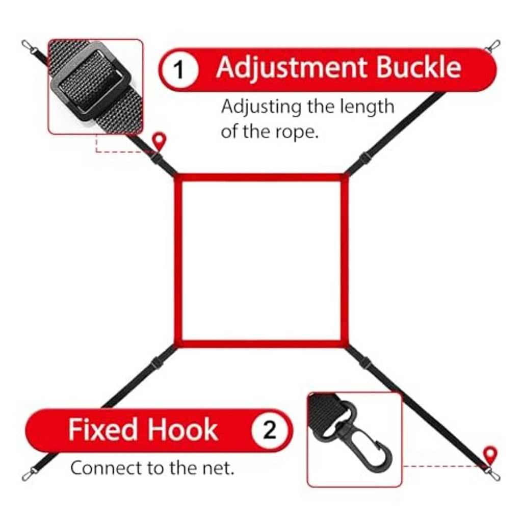 Baseball net frame with rope adjustment buckle and fixed hook straps
