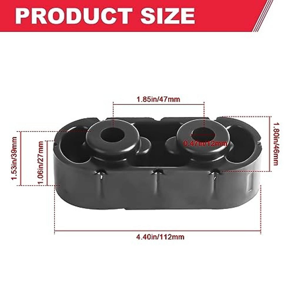 Black exhaust muffler hanger insulator with two rubber grommets and mounting pins
