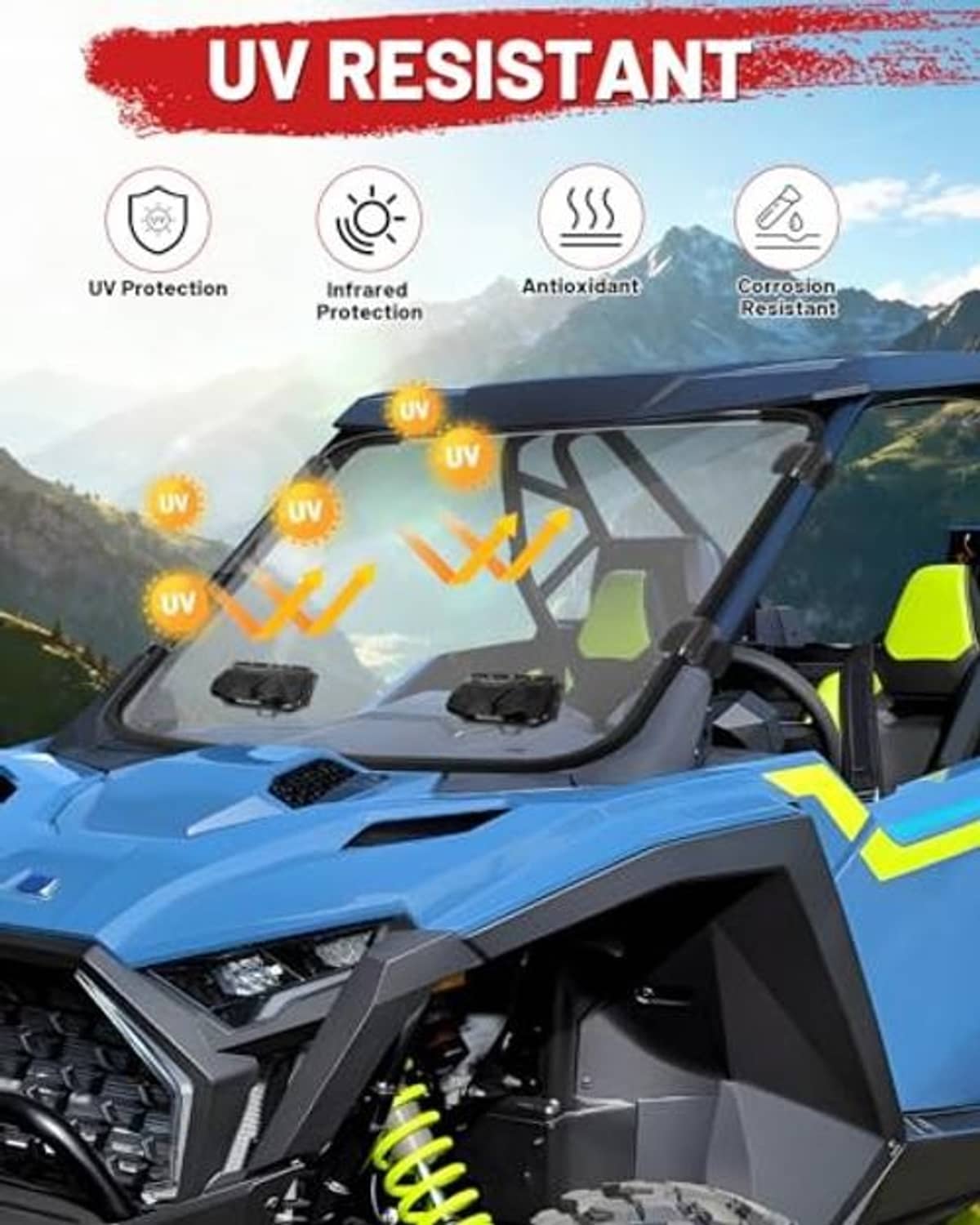 UTV windshield with UV-resistant tinted panel displayed in bright outdoor sunlight