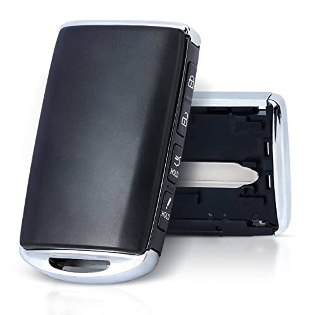 Dark key fob shell case with open battery/remote interior and side button panel