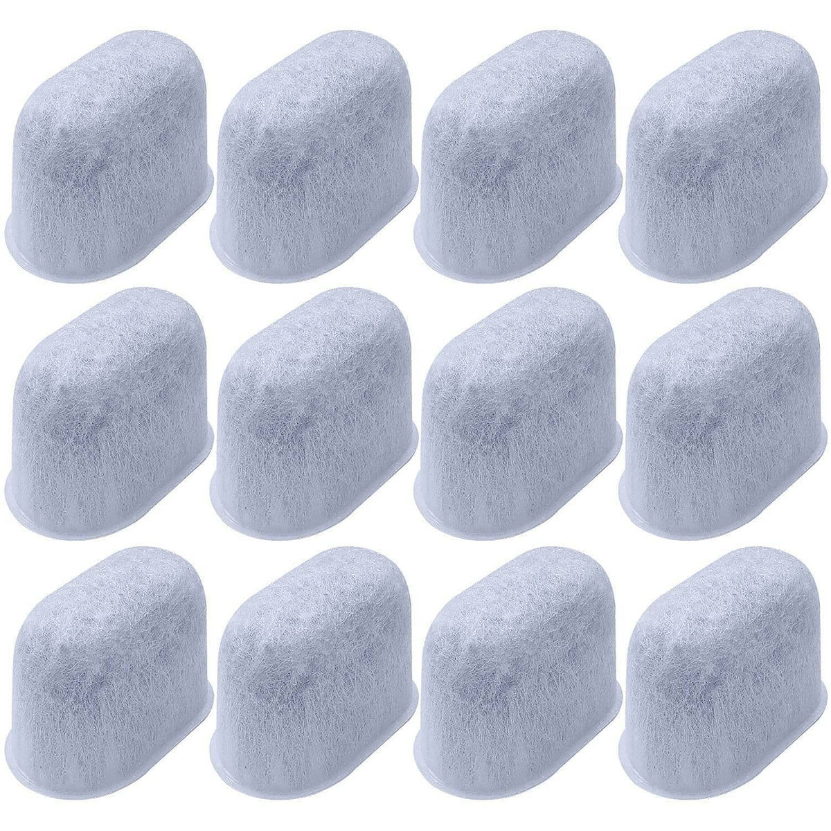 Twelve light-gray coffee machine water filter replacement cups
