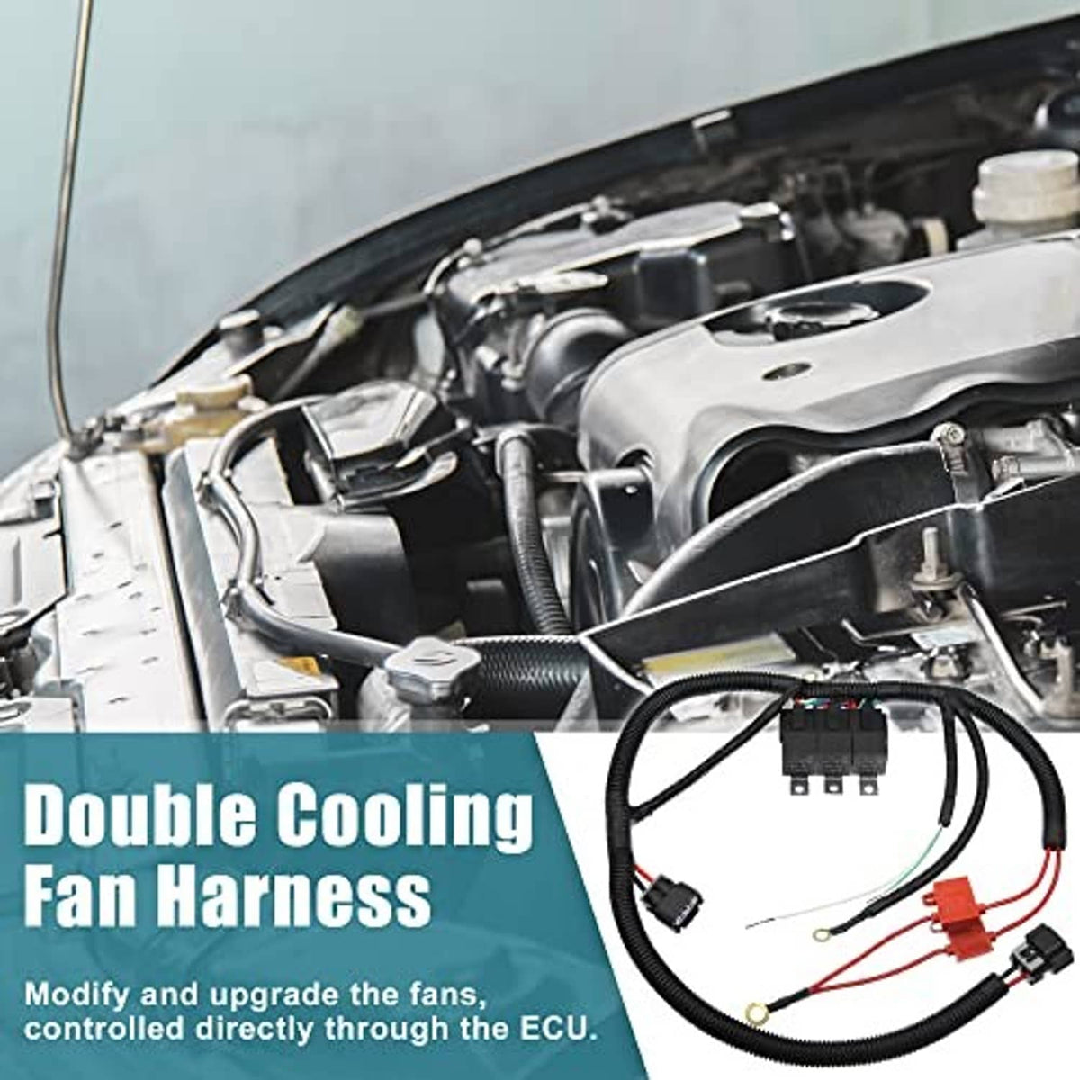 Dual cooling fan wiring harness kit shown with connectors and black wire loom