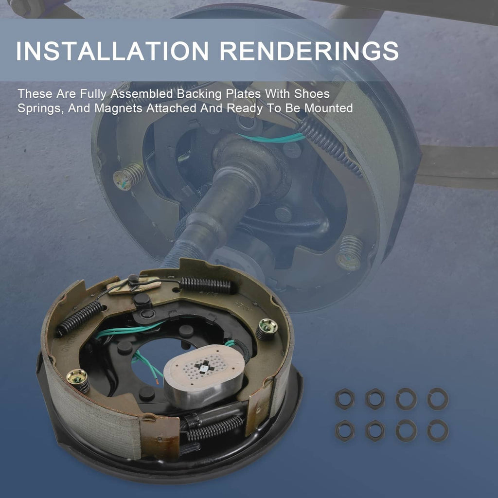 Electric trailer brake drum assembly showing shoes, springs, and magnet plates, plus bolts