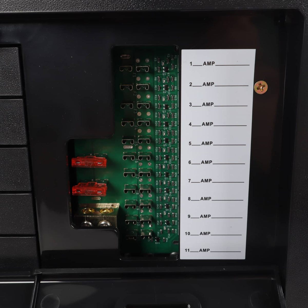 RV power converter interior circuit board with numbered amp chart