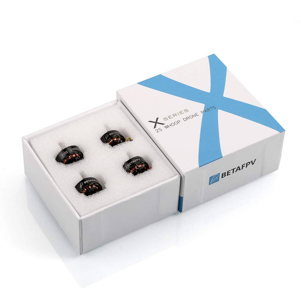 Four-pack 1103 brushless FPV motors in a white storage box