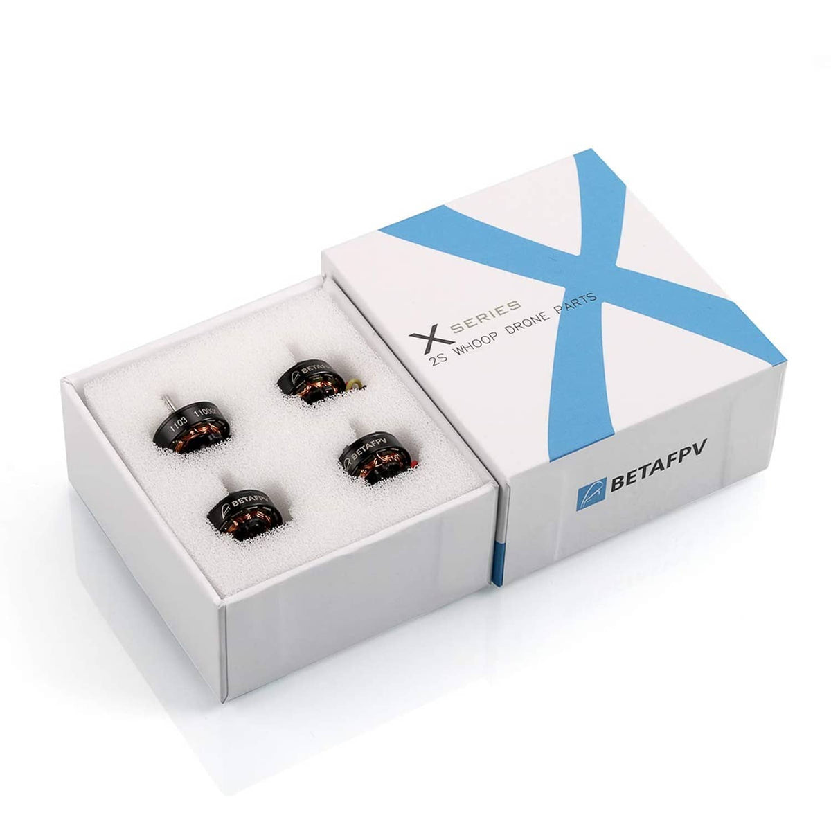 Four-pack 1103 brushless FPV motors in a white storage box