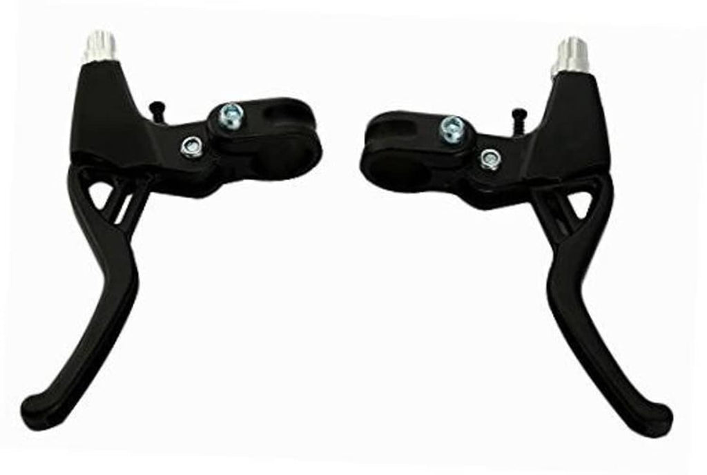 Pair of black bicycle brake lever handles with metal mounting hardware.