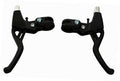 Pair of black bicycle brake lever handles with metal mounting hardware.