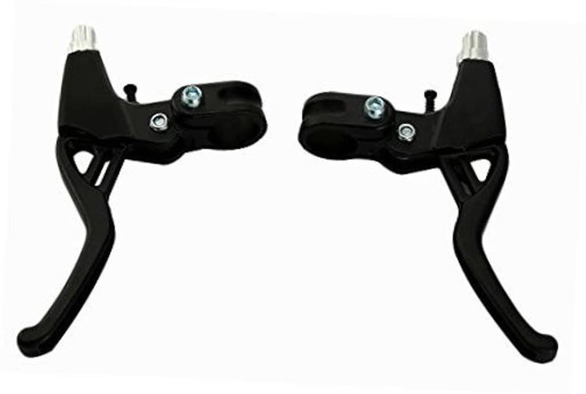 Pair of black bicycle brake lever handles with metal mounting hardware.
