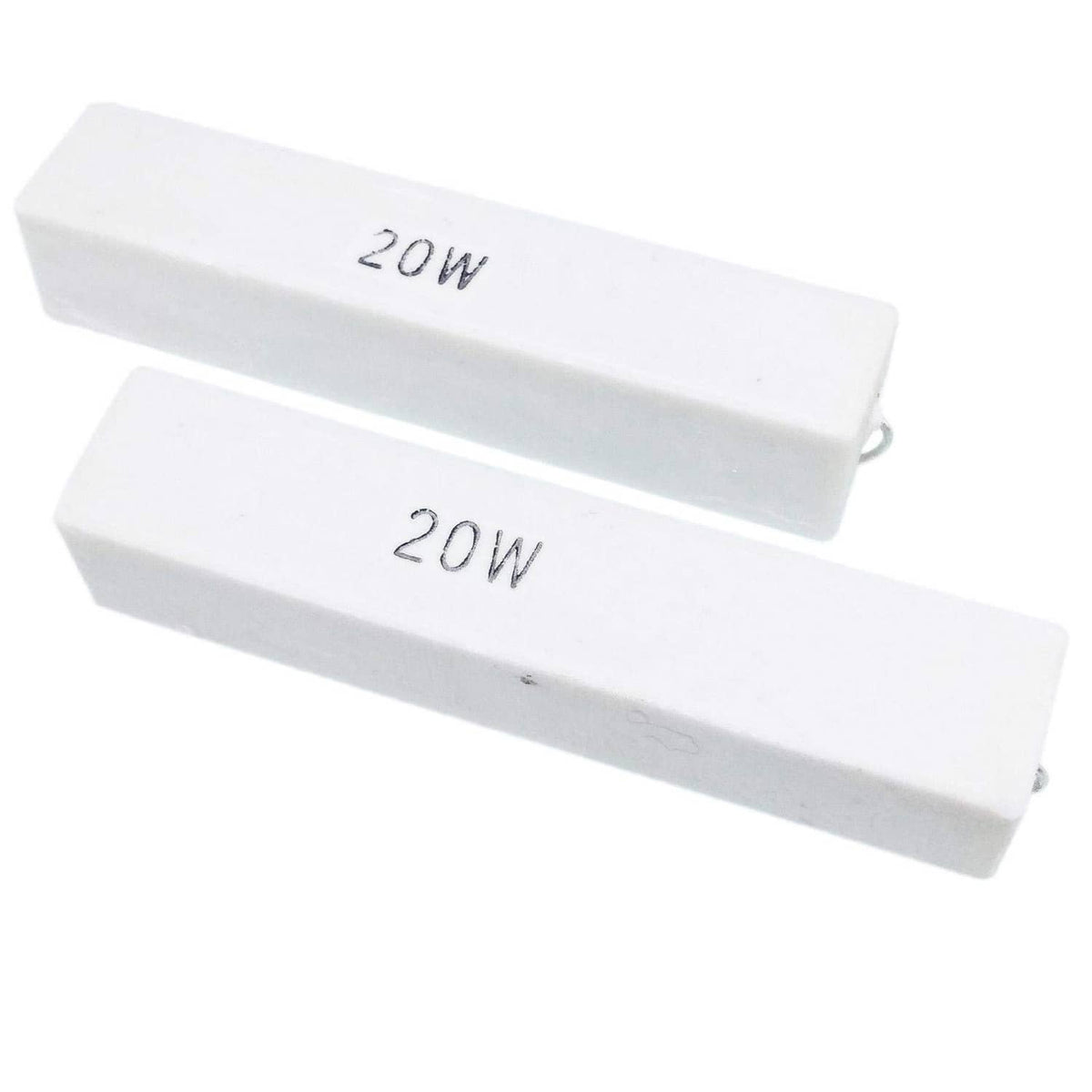 Two 20W axial ceramic cement resistors, light gray, each with metal leads