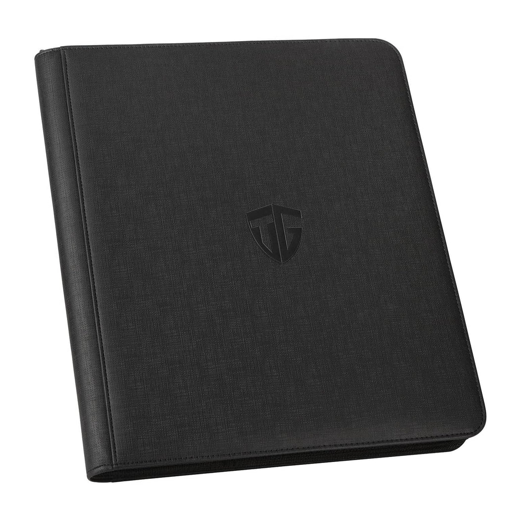 Black toploader binder with front TG shield emblem, textured cover