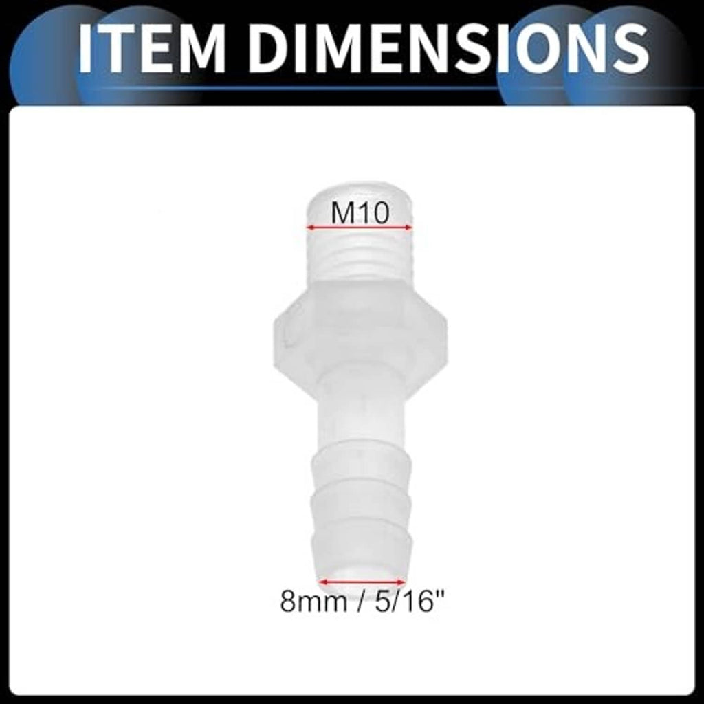 White plastic hose barb adapter with external M10 thread and 5/16 barb length
