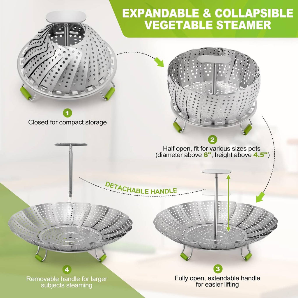 Expandable stainless steel vegetable steamer basket with perforated bowl and green handles