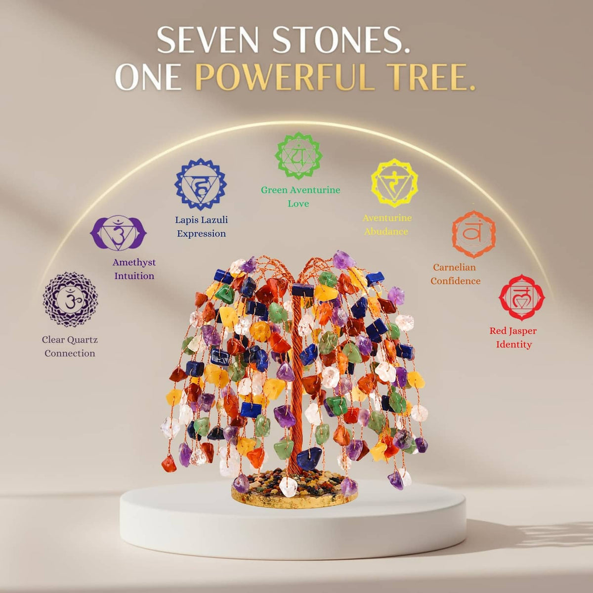 Chakra crystal tree with rainbow bead clusters and copper wire on round base