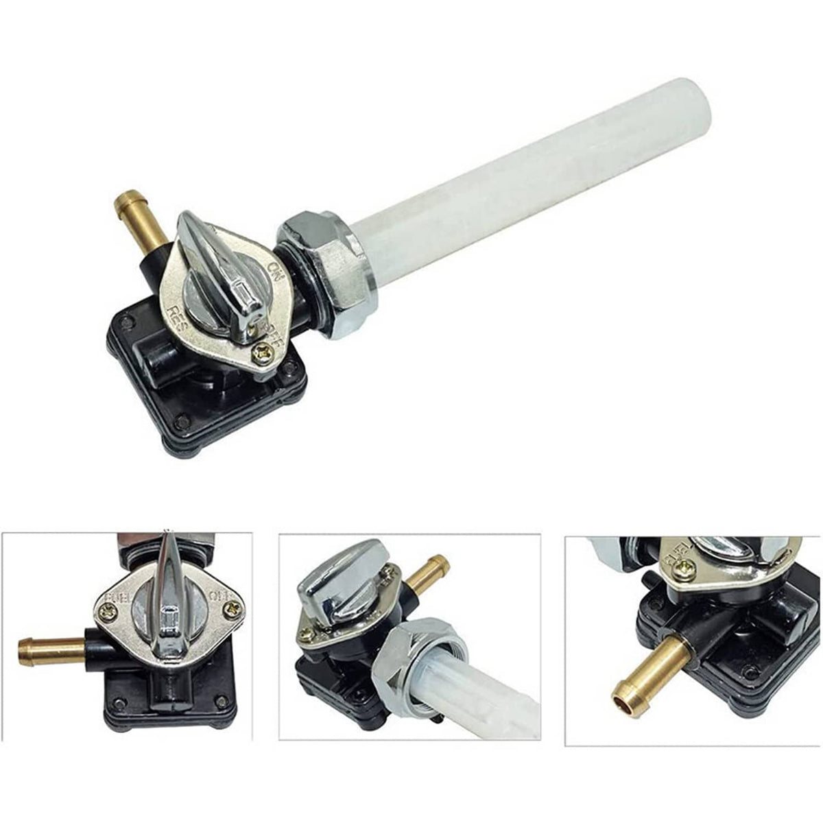 Fuel valve petcock with chrome cap, black base, clear tube, and brass fuel outlet.