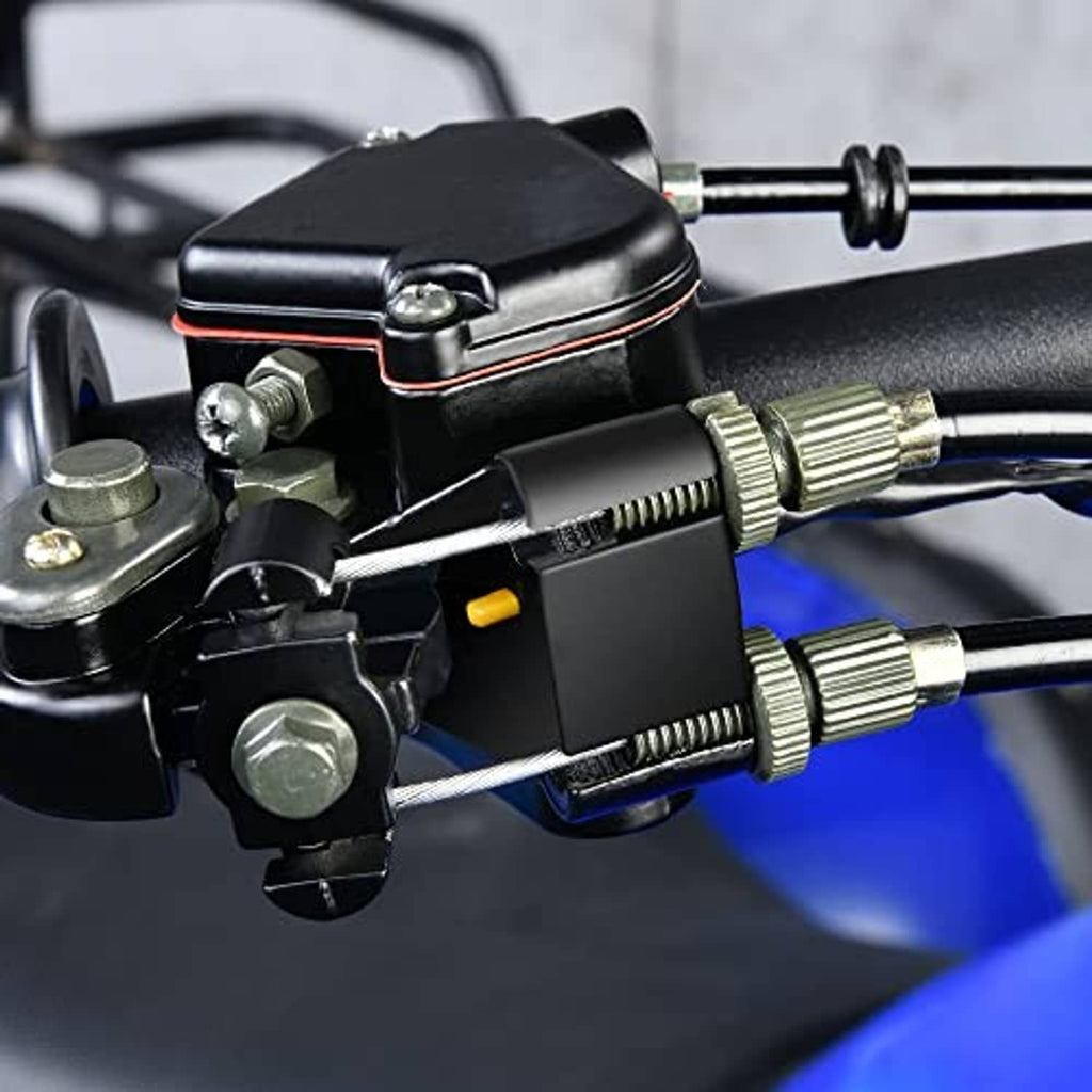 ATV thumb throttle control housing with adjustable fittings and orange accent stripe