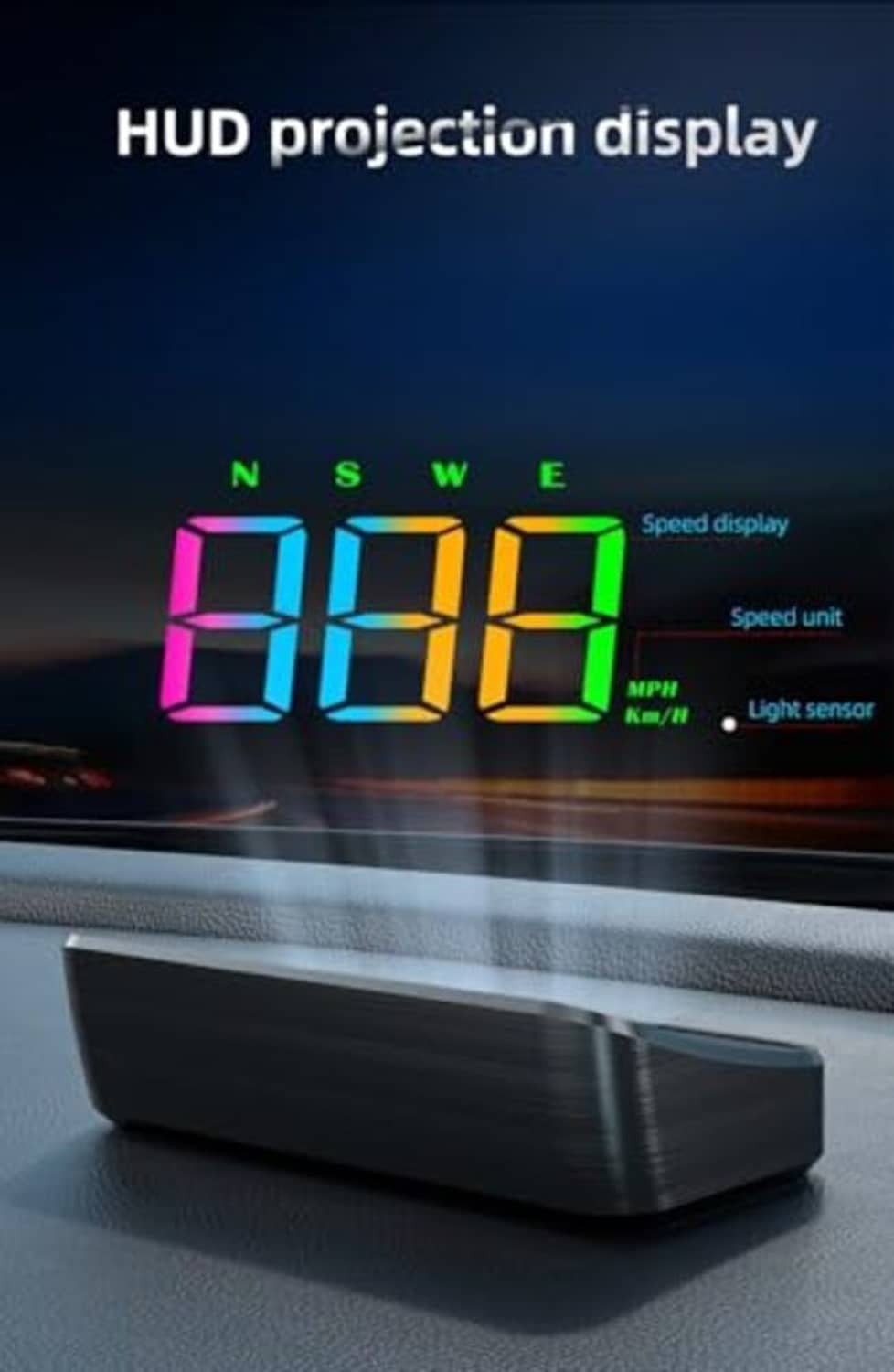 HUD projection display with multicolor speed digits and a low-profile mounting base