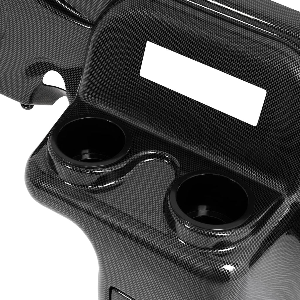 Carbon-fiber style dash cover with two round openings and glossy black surround