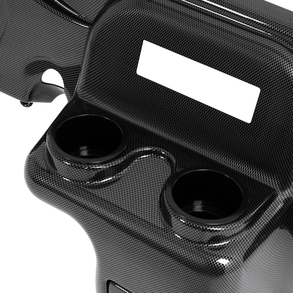 Carbon-fiber style dash cover with two round openings and glossy black surround