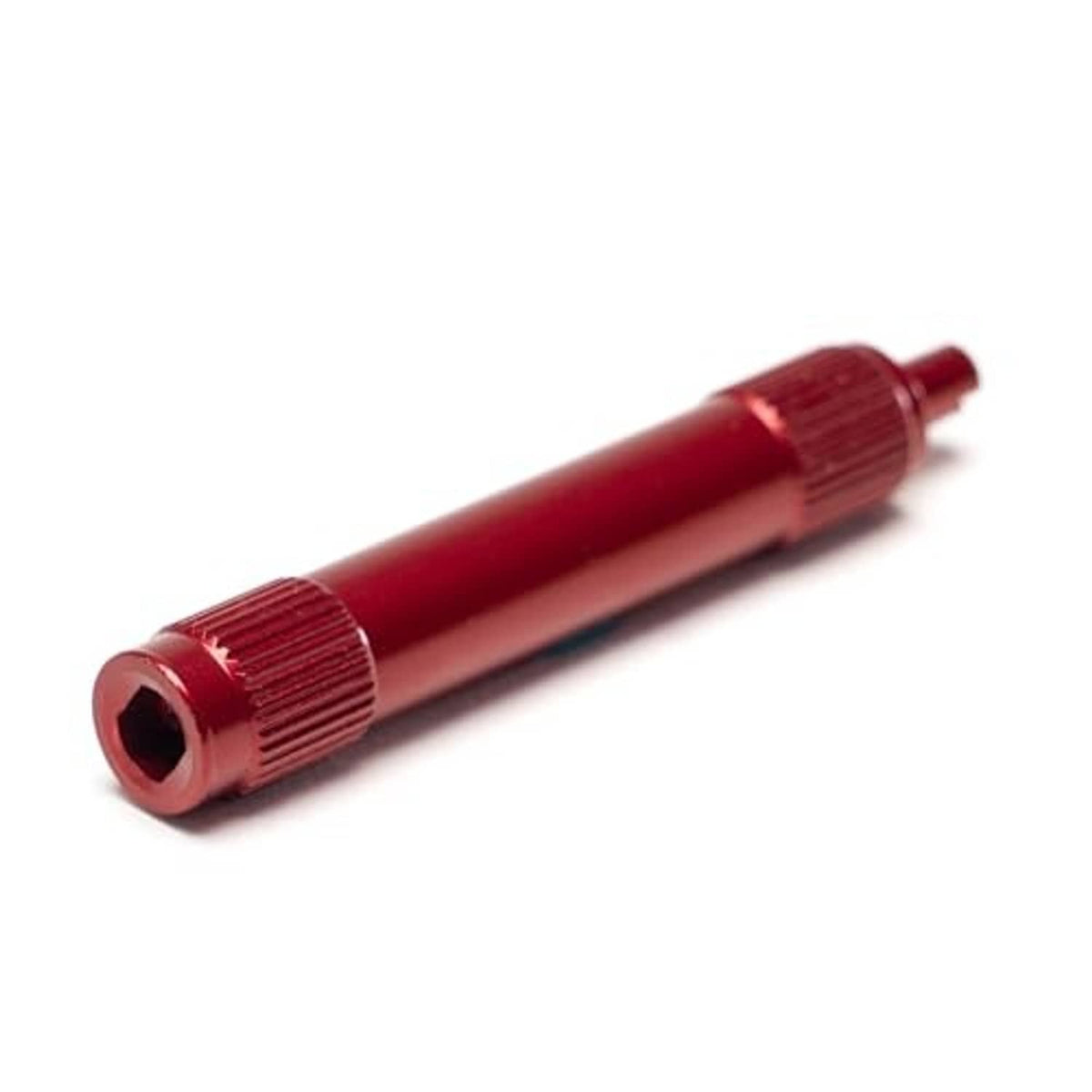 Red tubeless core remover tool with ribbed handle and circular tip opening