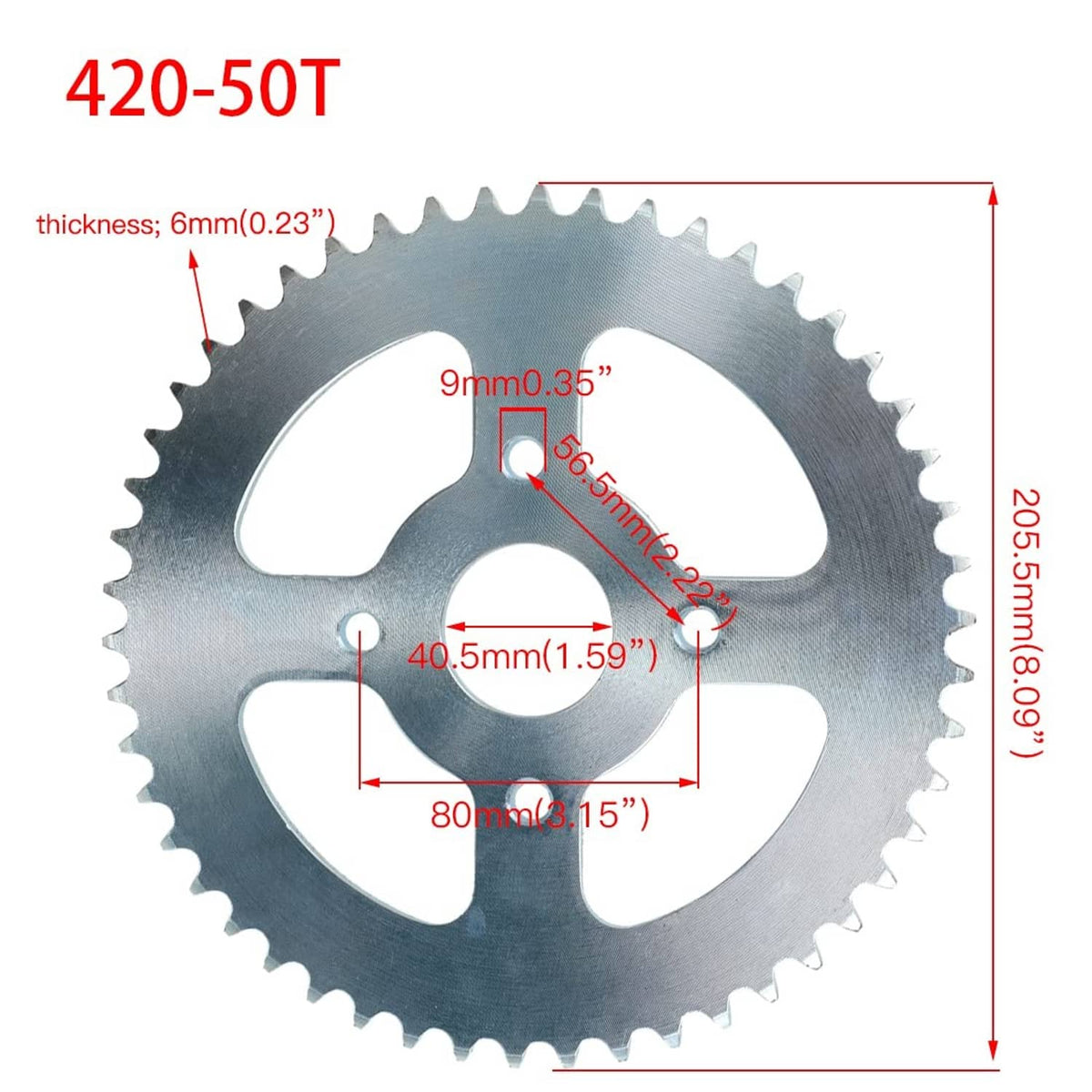 420-50T sprocket size chart with thickness and diameter dimensions