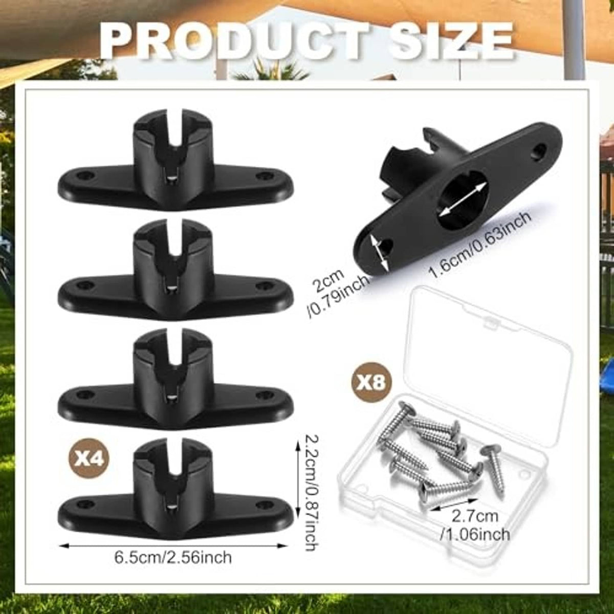 Set of black awning ball-end base brackets with screws, shown with measurements