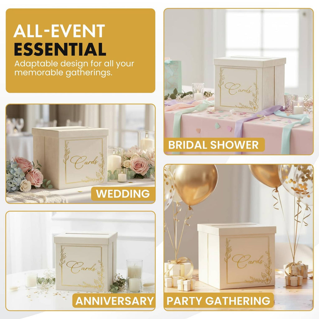 White card box with gold "Cards" emblem and top slot, suited for special event use.