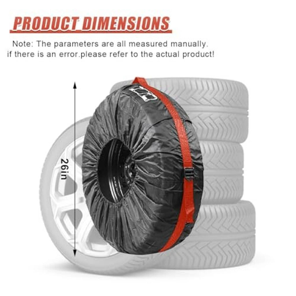 Black tire wheel cover with orange trim, fitted over a wheel (size shown)
