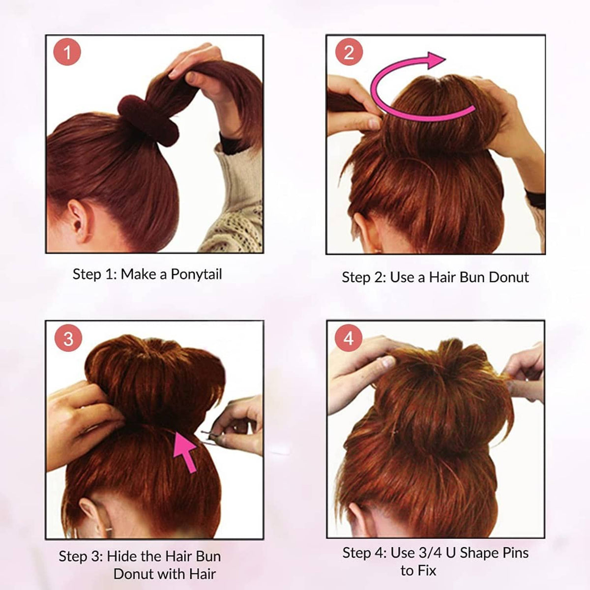 U-shaped hair pins securing a bun updo; hands placing pins
