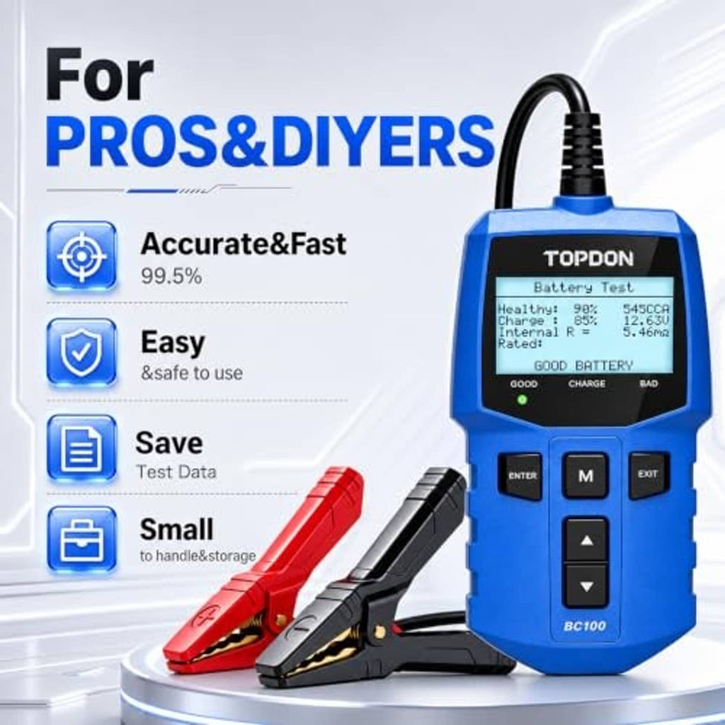Blue TOPDON battery tester with dual battery clamps and button controls