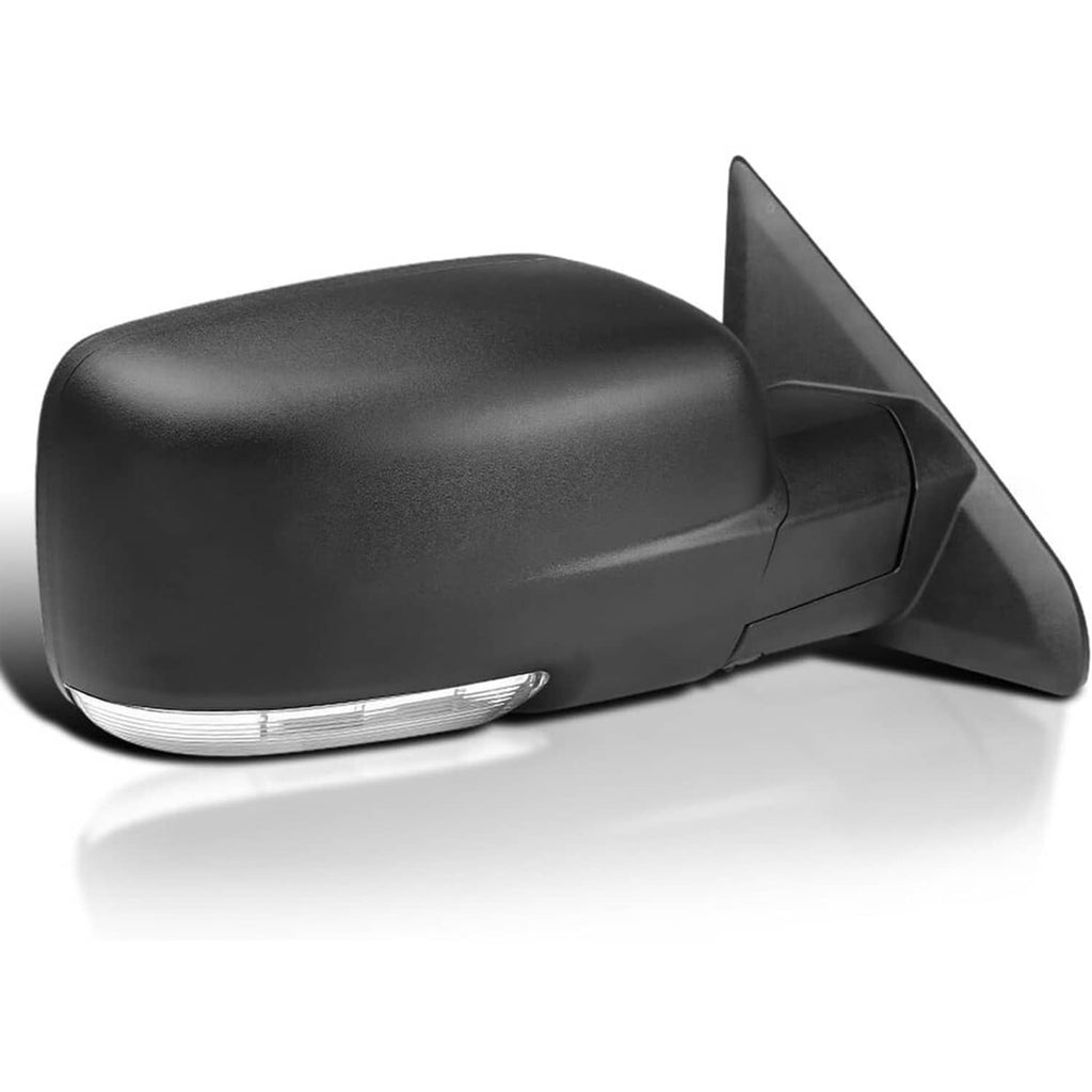 Black power heated side mirror with clear lens and integrated turn signal strip