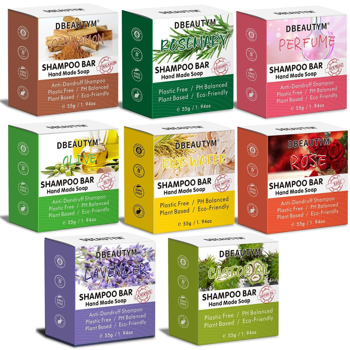 8-pack natural shampoo bar gift set with assorted colored soap boxes