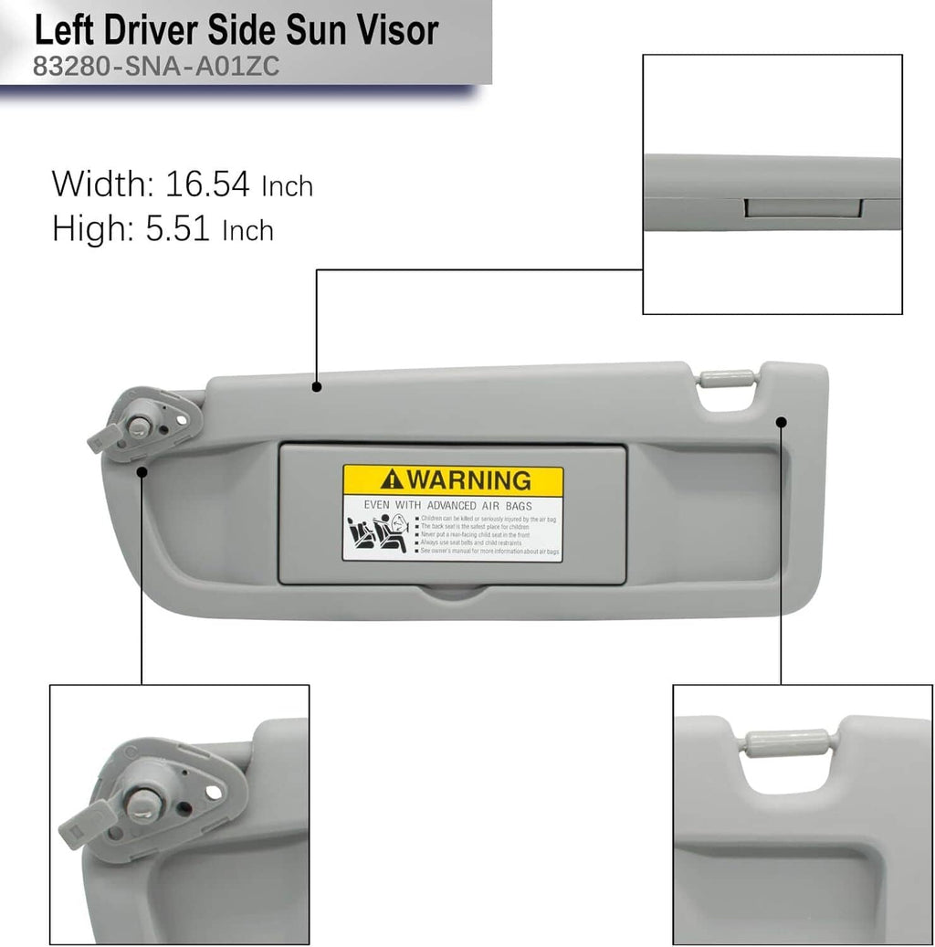 Light gray left driver sun visor with warning label; size diagram view