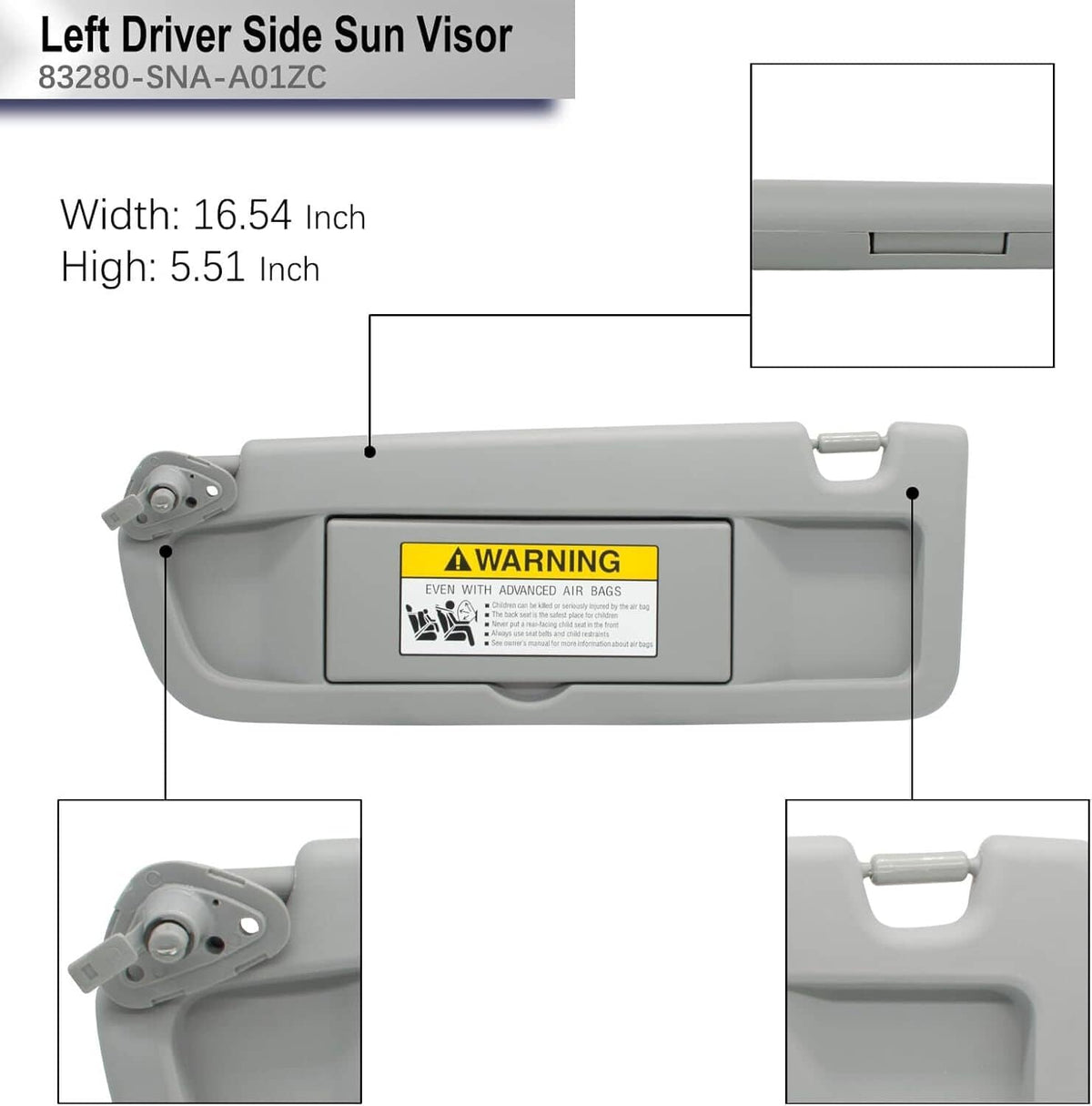 Light gray left driver sun visor with warning label; size diagram view